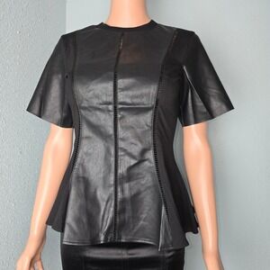 NWT Gracia Black Faux Leather Peplum Top Short Sleeve Edgy Mixed Media S T31849